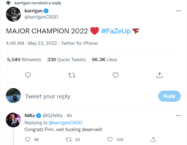 【CS:GO】FaZe的夺冠后推特：NiKo发来贺电-第1张